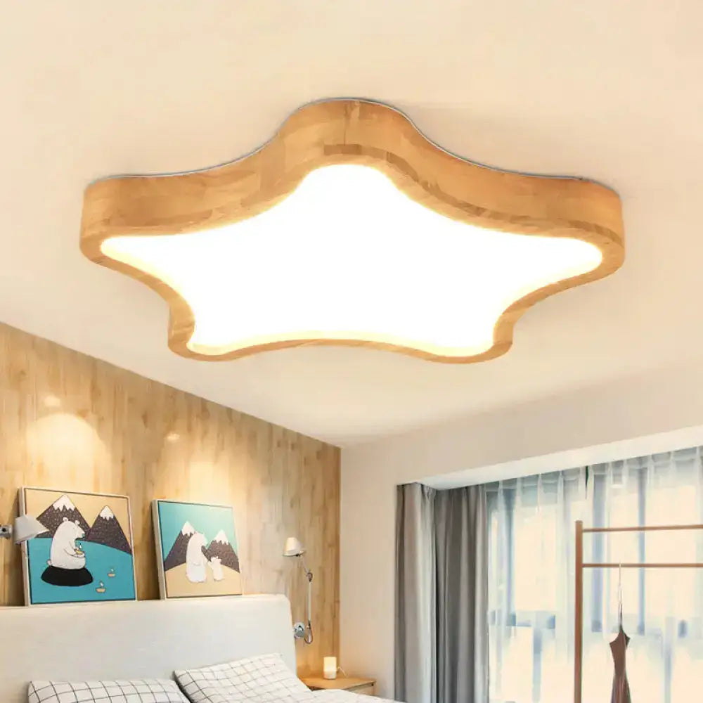 Minimalist Cloud/Star Led Ceiling Light For Children&rsquo;s Bedroom - Wooden Flush Mount Lamp In Beige