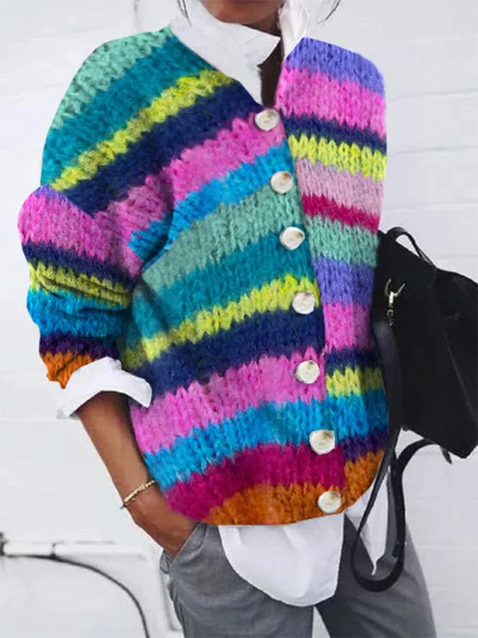 Women's Retro Faux Wool Printed Casual Loose Button Flannel Cardigan