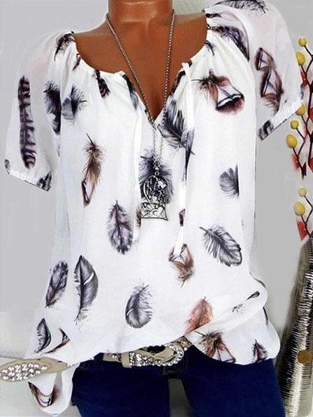 Casual V-Neck Feather Print Short-Sleeved Shirt