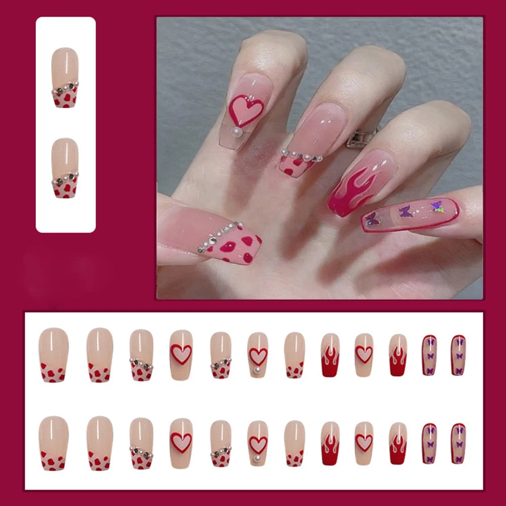 24Pcs/Box French Elegant Coffin False Nail with Flame Design Detachable Nail Tips Ballerina Manicure Patches Press on Nails