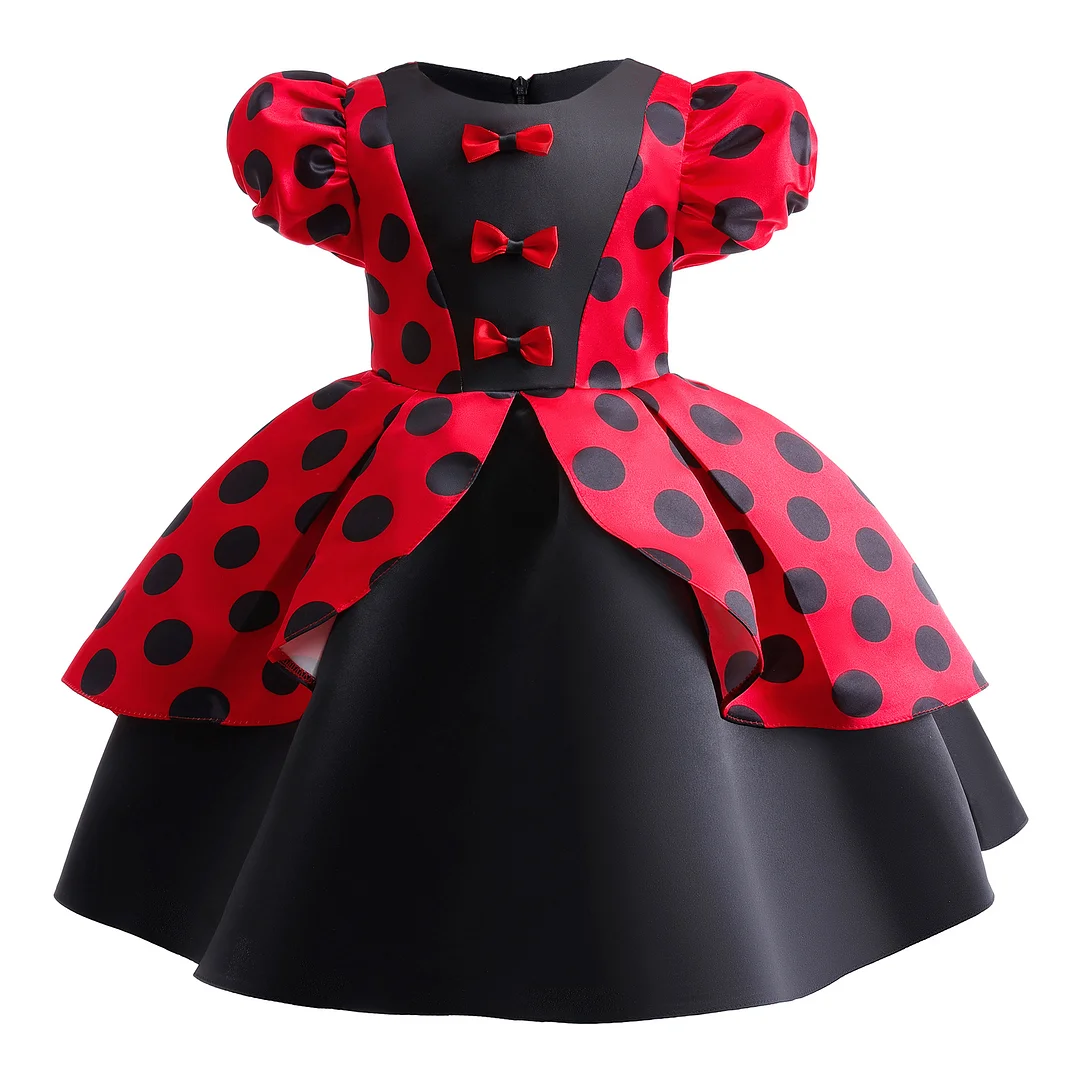 Vintage Polka Dot Bubble Sleeve Girls' Dress - Perfect for Halloween, Christmas Parties and Princess-themed Events!