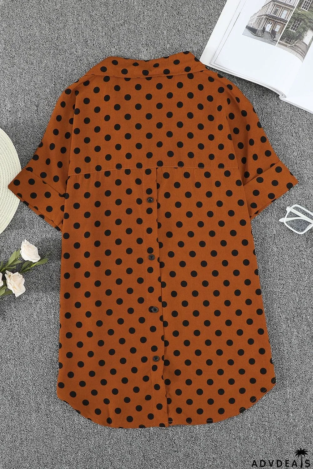 Dotted Print V Neck Drape Front Blouse