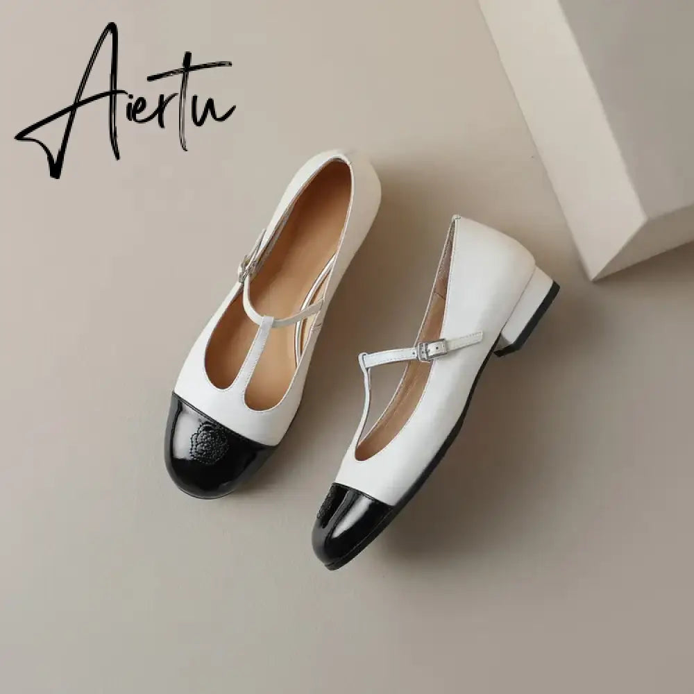 Women Genuine Leather Mary Janes Flat Shoes Brand Designer T-tied Buckle Mix-Color Shoes Lady 2023 New Preppy Aiertu
