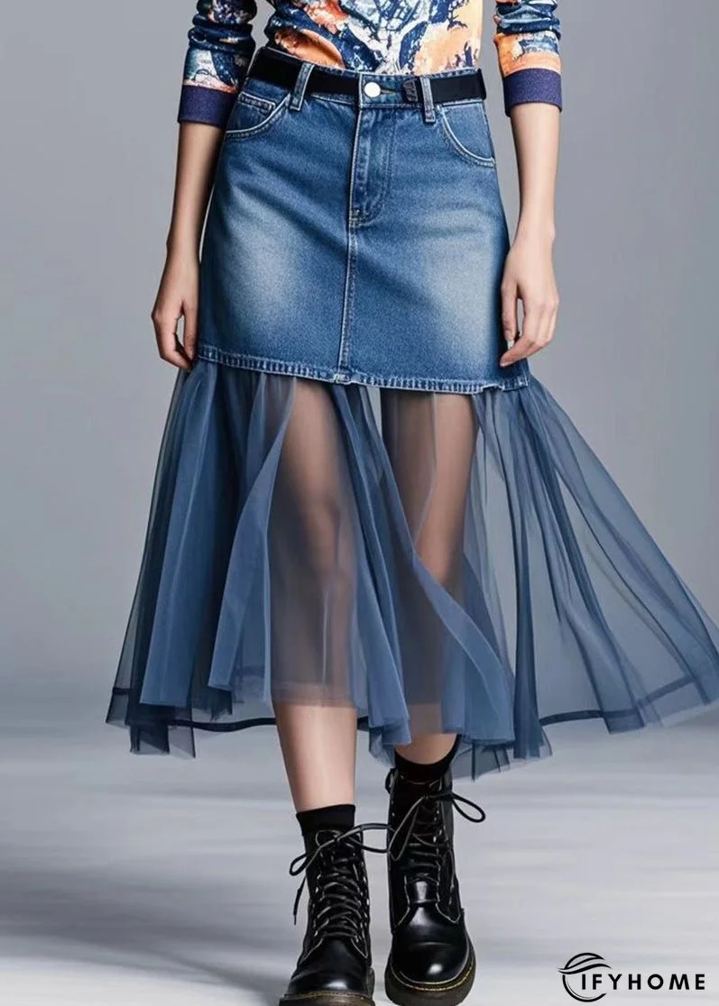 Plus Size Navy Silm Fit Patchwork Denim Holiday Skirts Spring | IFYHOME