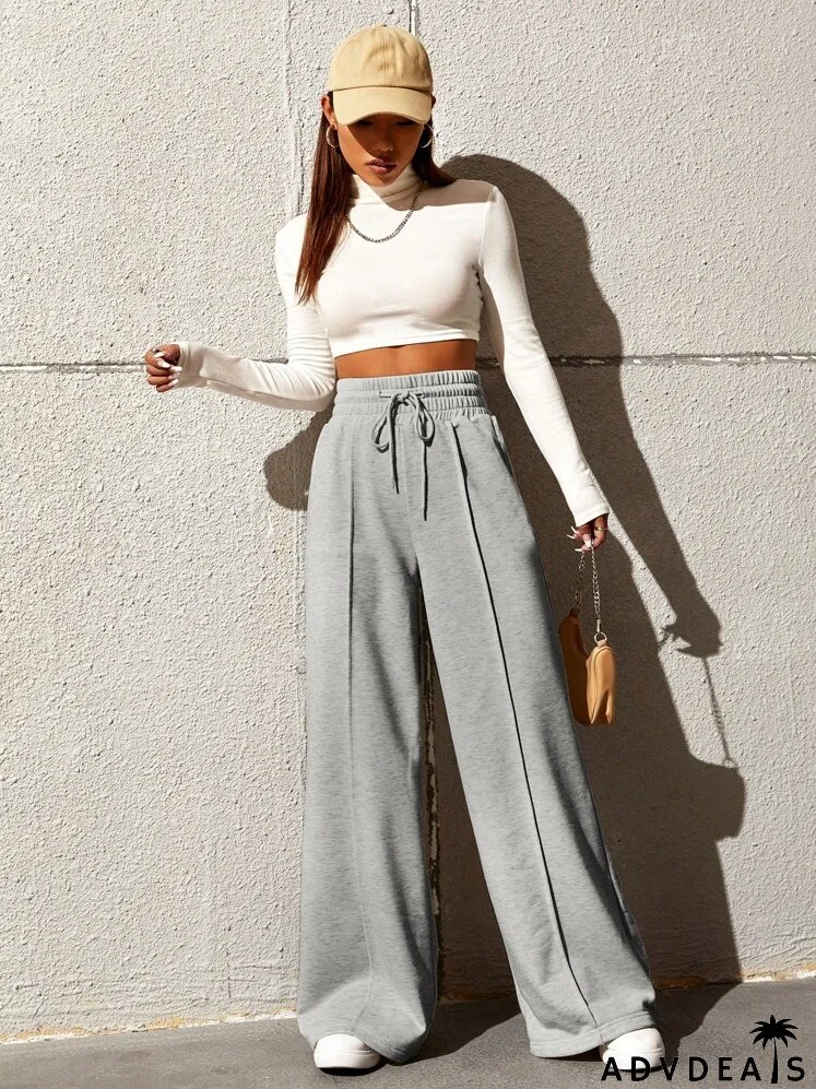 Drawstring Waist Seam Detail Wide Leg Pants