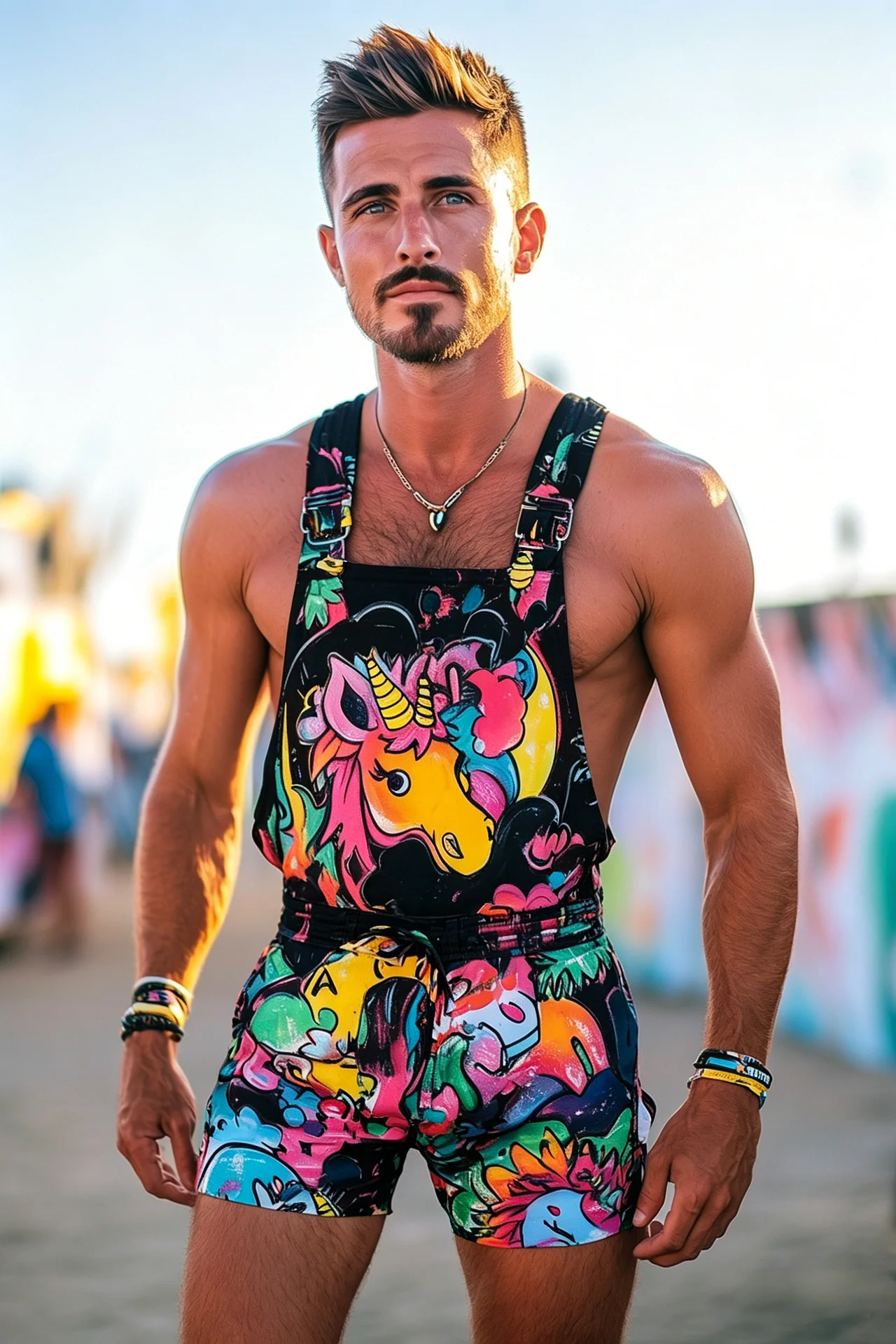 Ciciful Neon Graffiti Chaos Print Festival Shorts Overalls