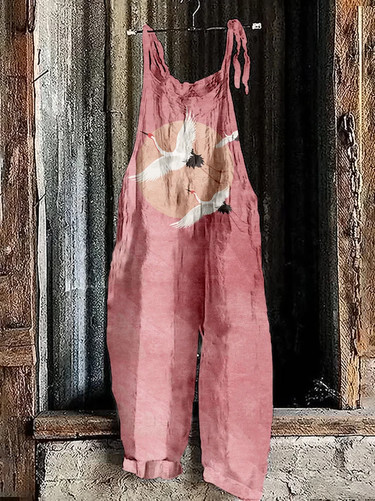 Flying Cranes Japanese Art Linen Blend Jumpsuit