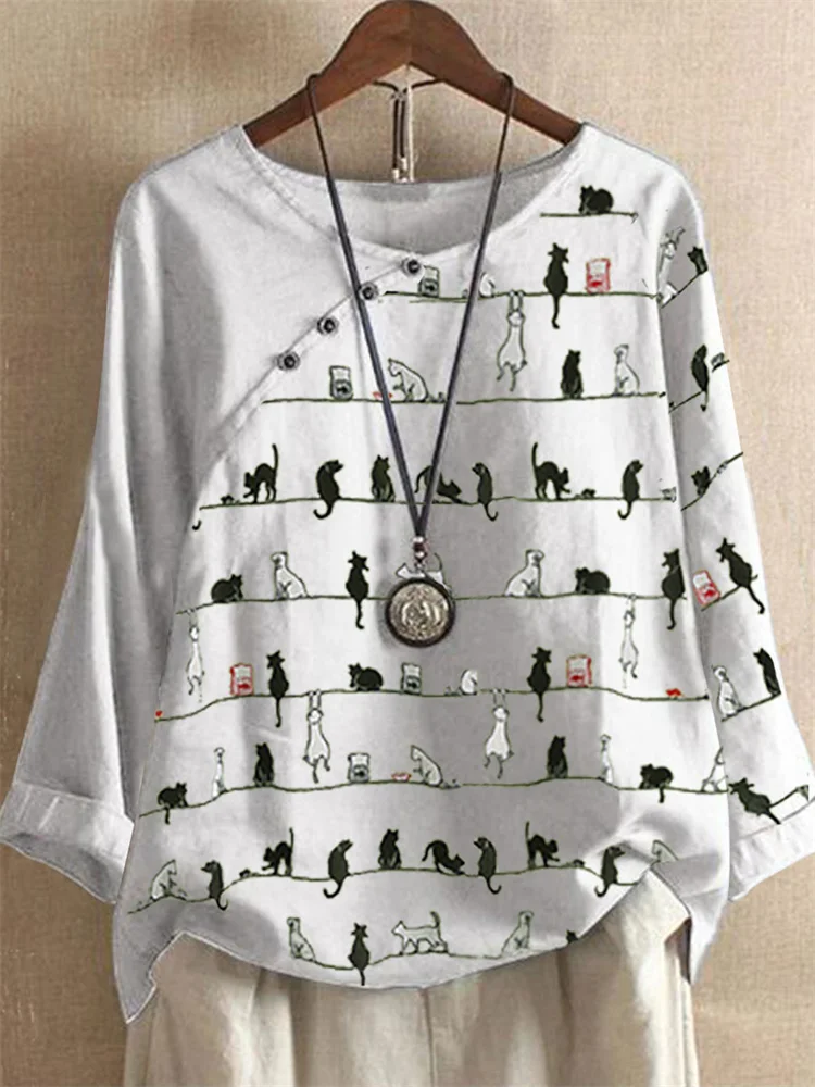Lovely Cat Striped Patchwork Button Accent Tunic