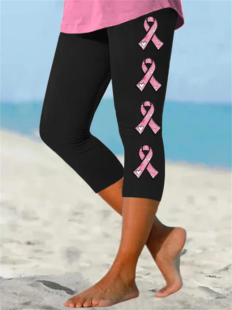 Comstylish Women's Pink Ribbon Breast Cancer Awareness Warrior Supporter Cropped Leggings