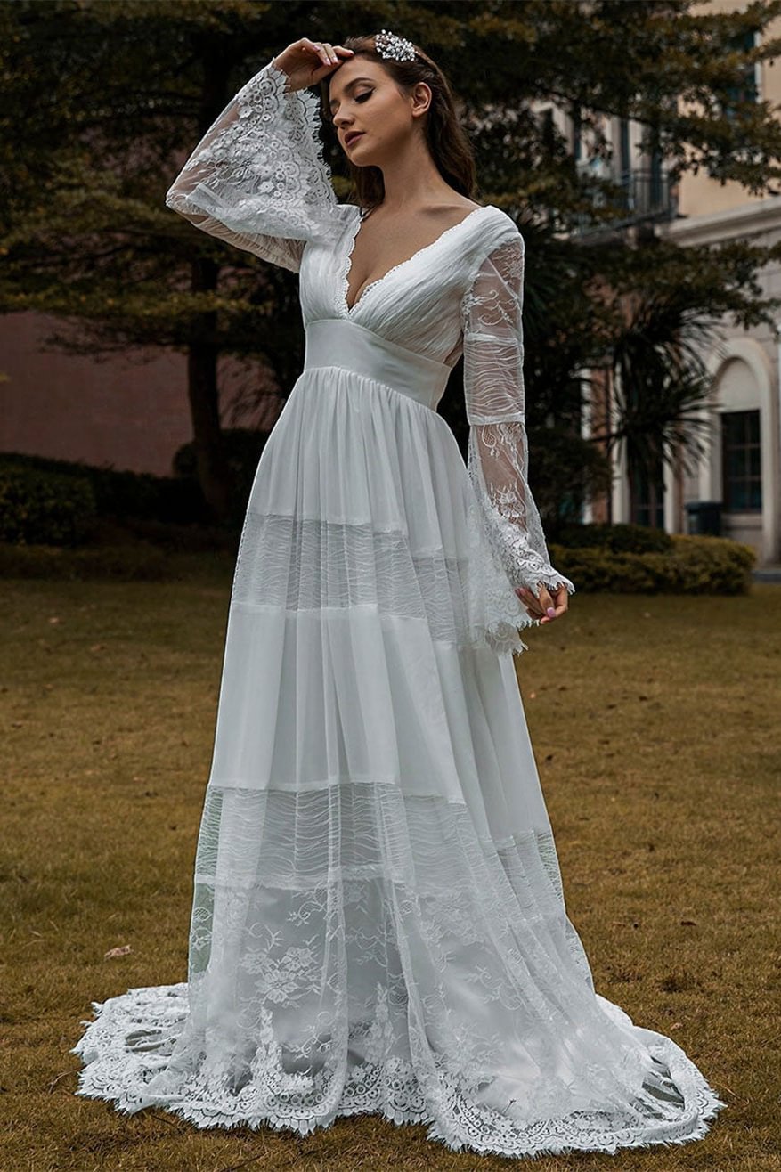 Langarmes V-Ausschnitt Spitze Boho Hochzeitskleid PD0336 Lunass