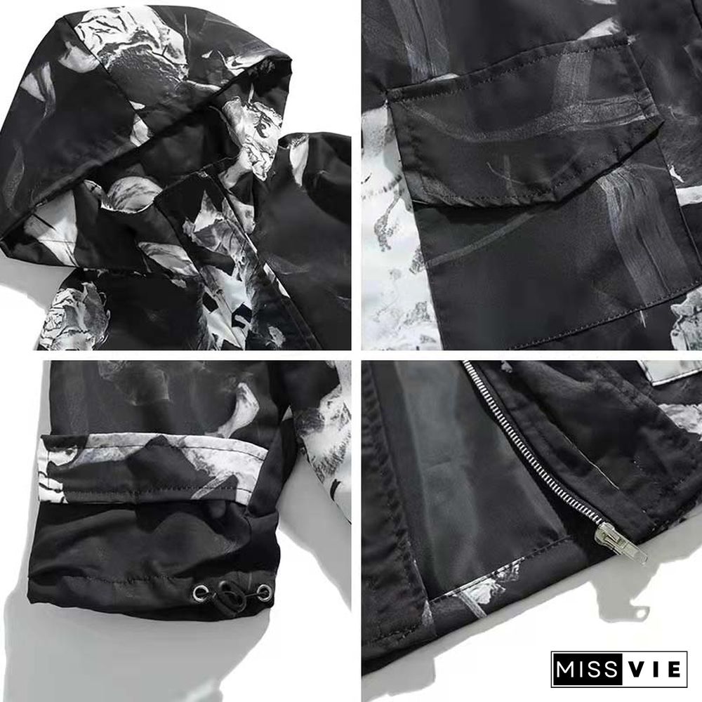 Dry Rose Pattern Print Shirt Hooded Coat