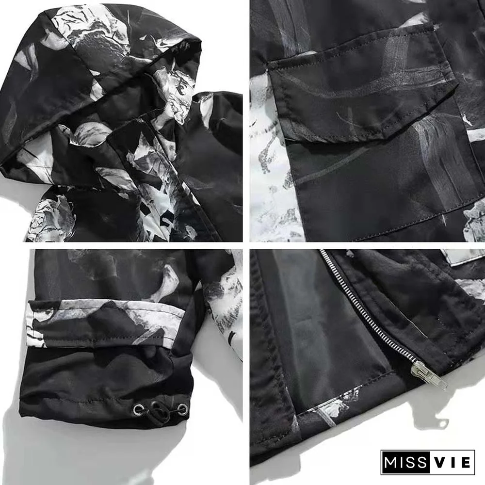 Dry Rose Pattern Print Shirt Hooded Coat