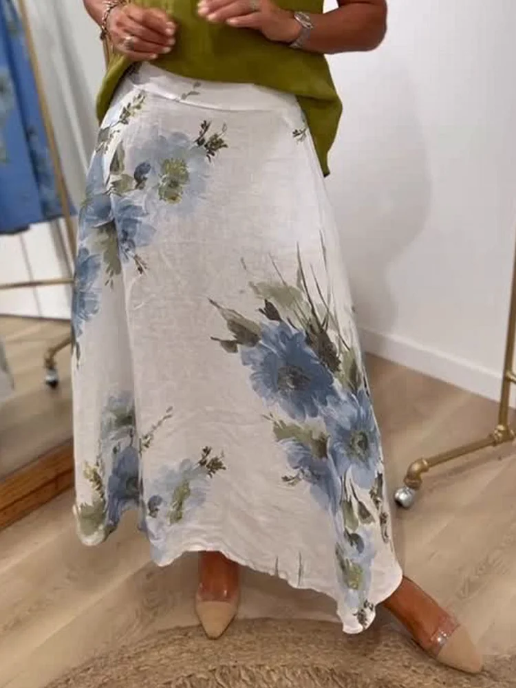 Women's Printed High-waisted Casual Loose A-line Cotton And Linen Skirt socialshop