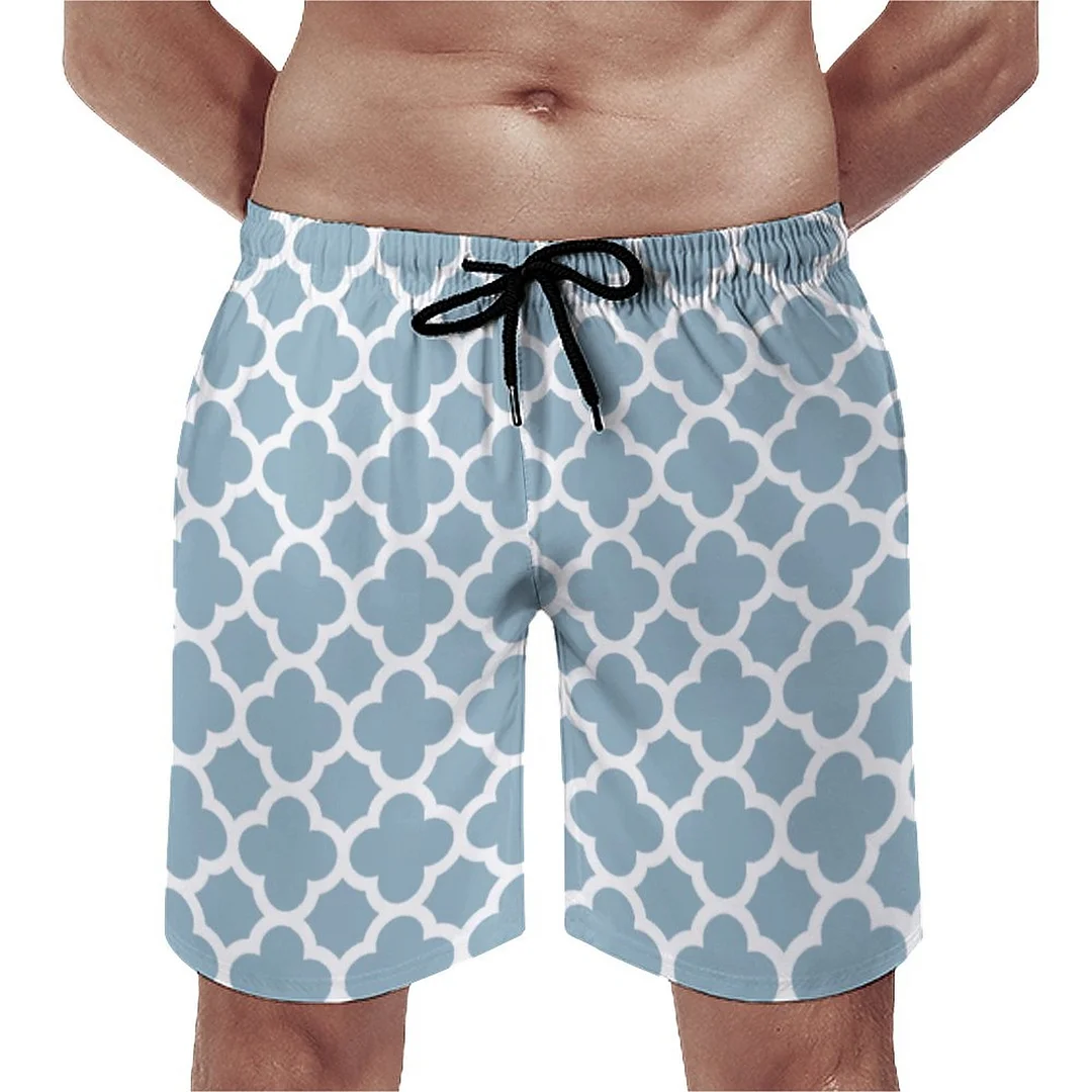 Aquamarine Blue Classic Quatrefoil Gingham Plaid Men's Swim Trunks Summer Board Shorts Quick Dry Beach Short with Pockets
