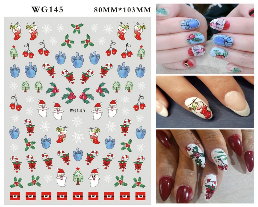 Merry Christmas 3D Nails Sticker Winter Cute Cartoon Sliders Snowflake Elk Xmas Tree Decal UV Gel Polisn Manicures Foils Decor-Nail Inspo