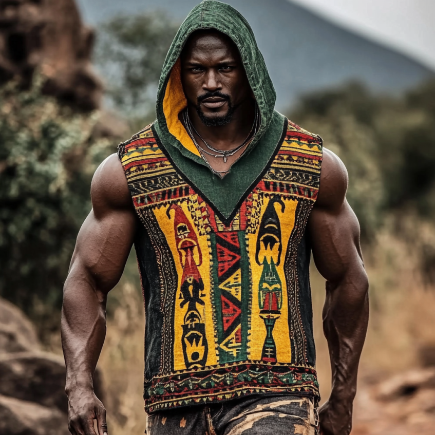 Vintage Tribal Geometric Black Pride Juneteenth Geometric Pattern Hooded Vest