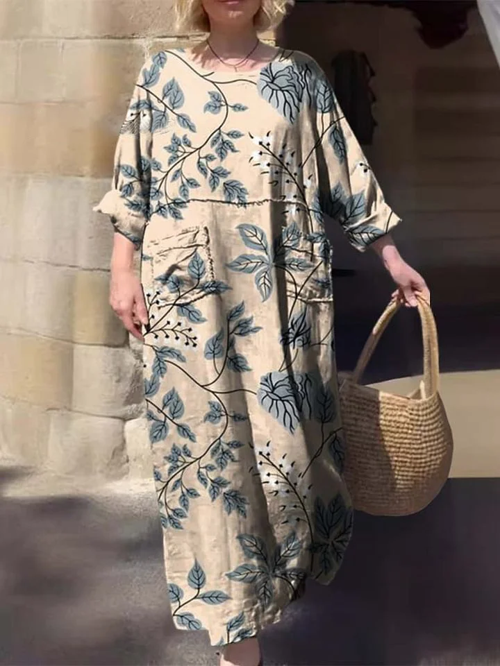 Women's Round Neck Position Print Three-quarter Sleeve Pocket Cotton Dress
