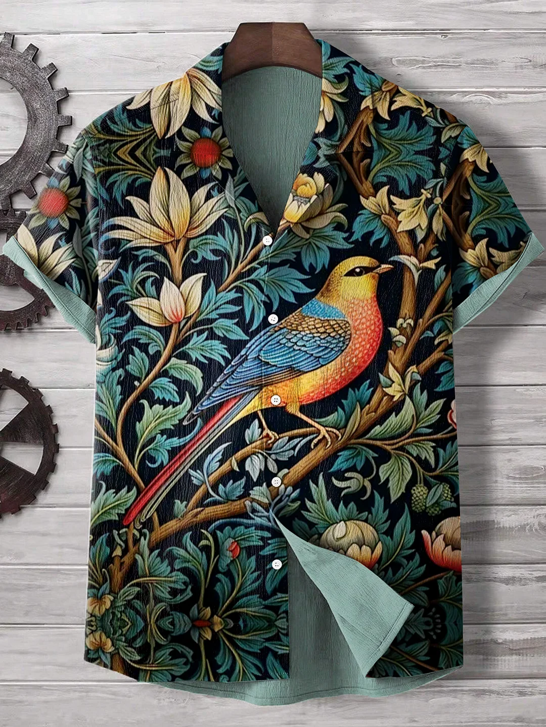 Men's Retro Forest Bird Spiritual Nature Print Linen Blend Shirt