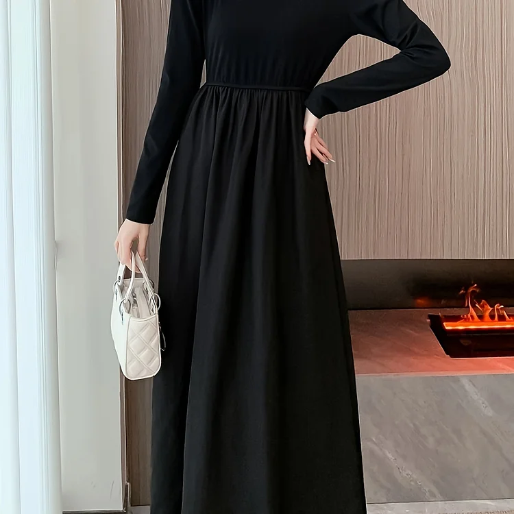 Tie Back Solid Maxi Dress, Casual Long Sleeve High Waist Dress, Women's Clothing