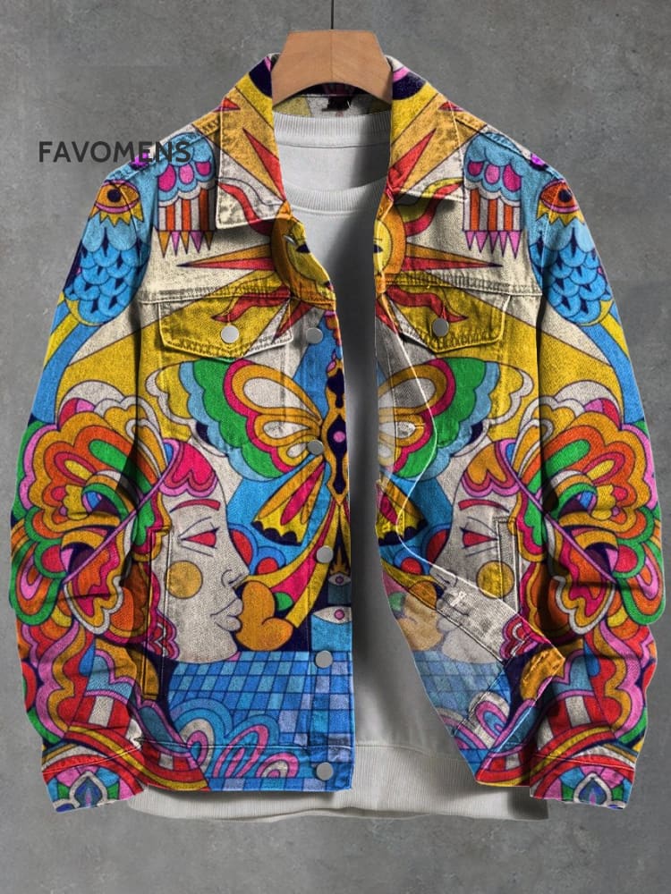 Retro Surreal Face Illustration Printed Casual Denim Jacket Multicolor / S