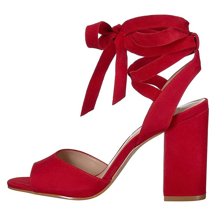 Red Chunky Heel Strappy Sandals in Suede Material. Vdcoo