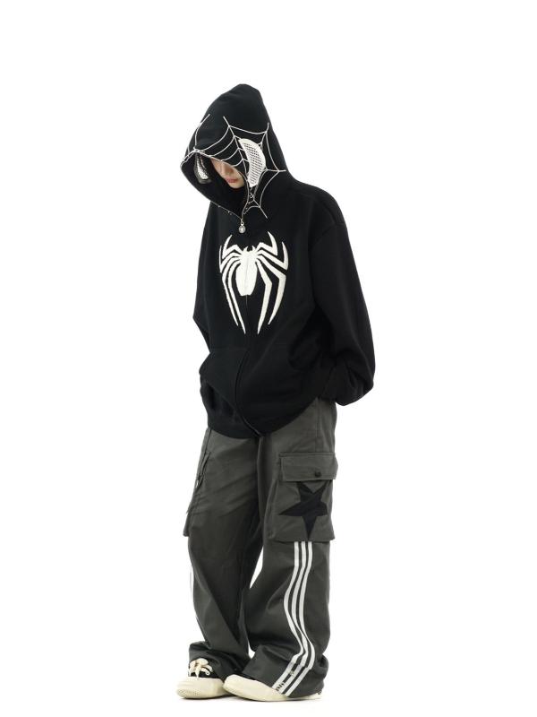 Gothic Dark Spider Web Oversized Zipper Hoodie