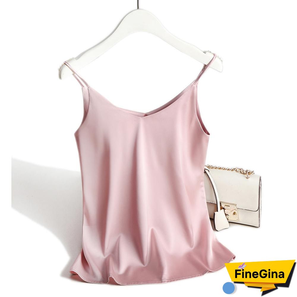 Spaghetti Strap Top Women Halter V Neck Basic White Cami Sleeveless Satin Silk Tank Tops Women'S Summer Camisole Plus Size