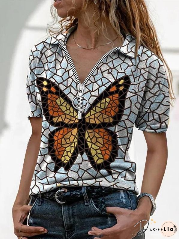 V-Neck Printed Zipper Short Sleeve T-Shirt for Women