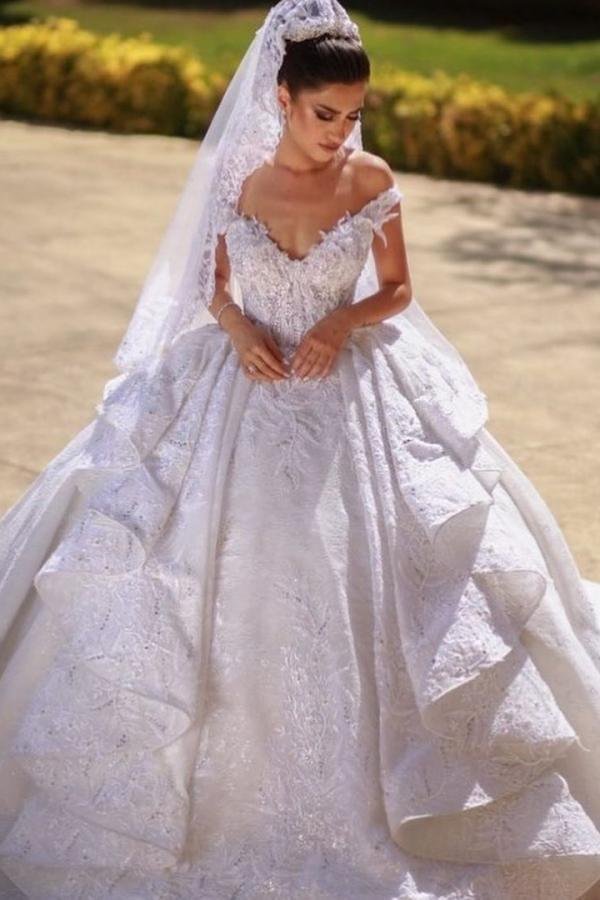 beautiful Long Off-the-shoulder Ball Gown Wedding Dress With Lace | Ballbellas Ballbellas