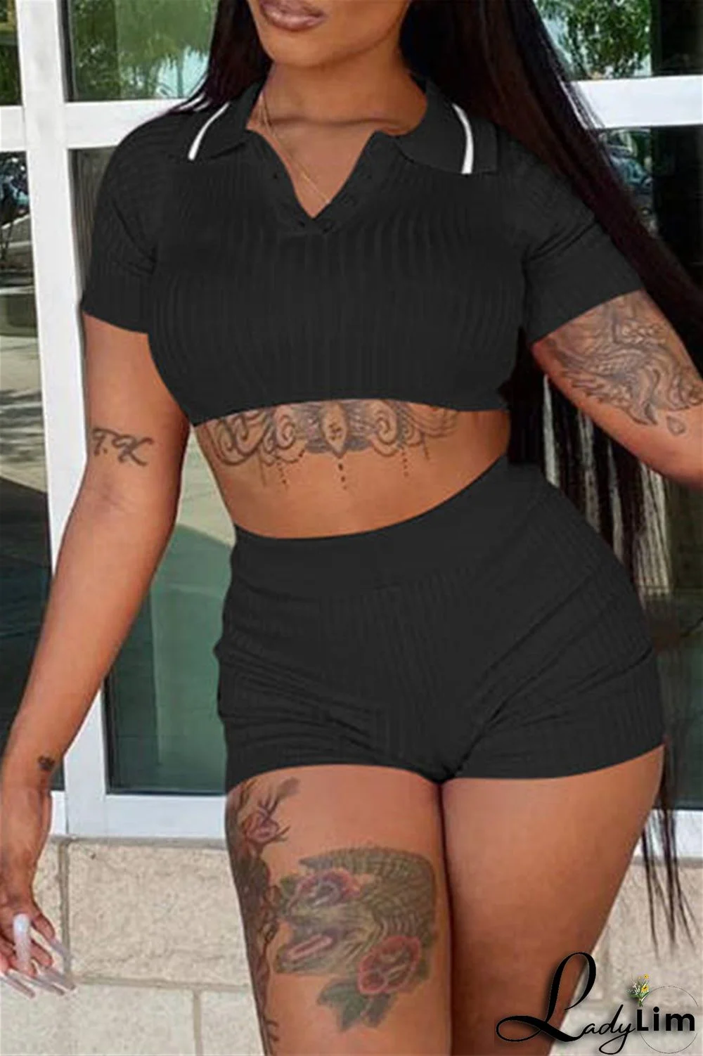 Black Fashion Casual Solid Basic Turndown Collar Short Sleeve Two Pieces