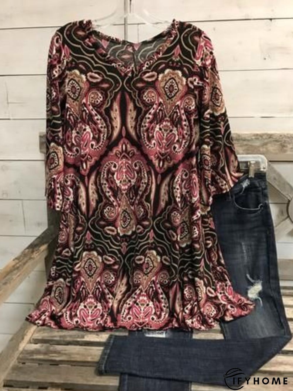 Casual 3/4 Sleeve V Neck Printed Tunic Top | IFYHOME