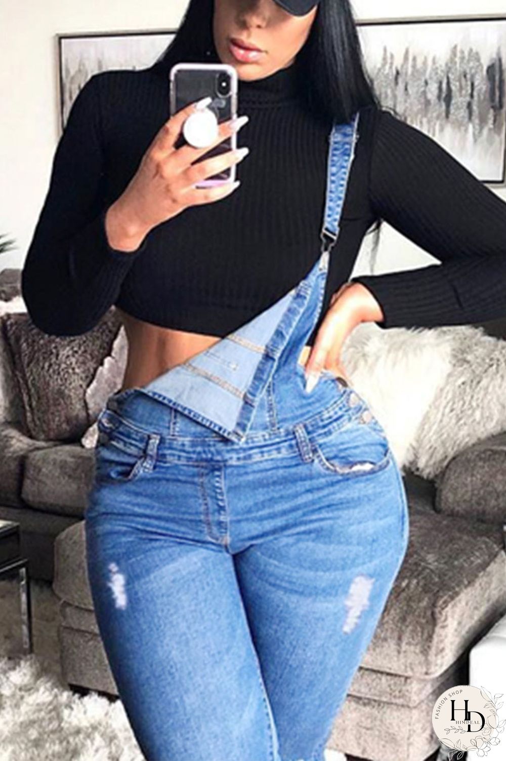 Baby Blue Celebrities Solid Ripped Make Old Buttons High Waist Regular Denim