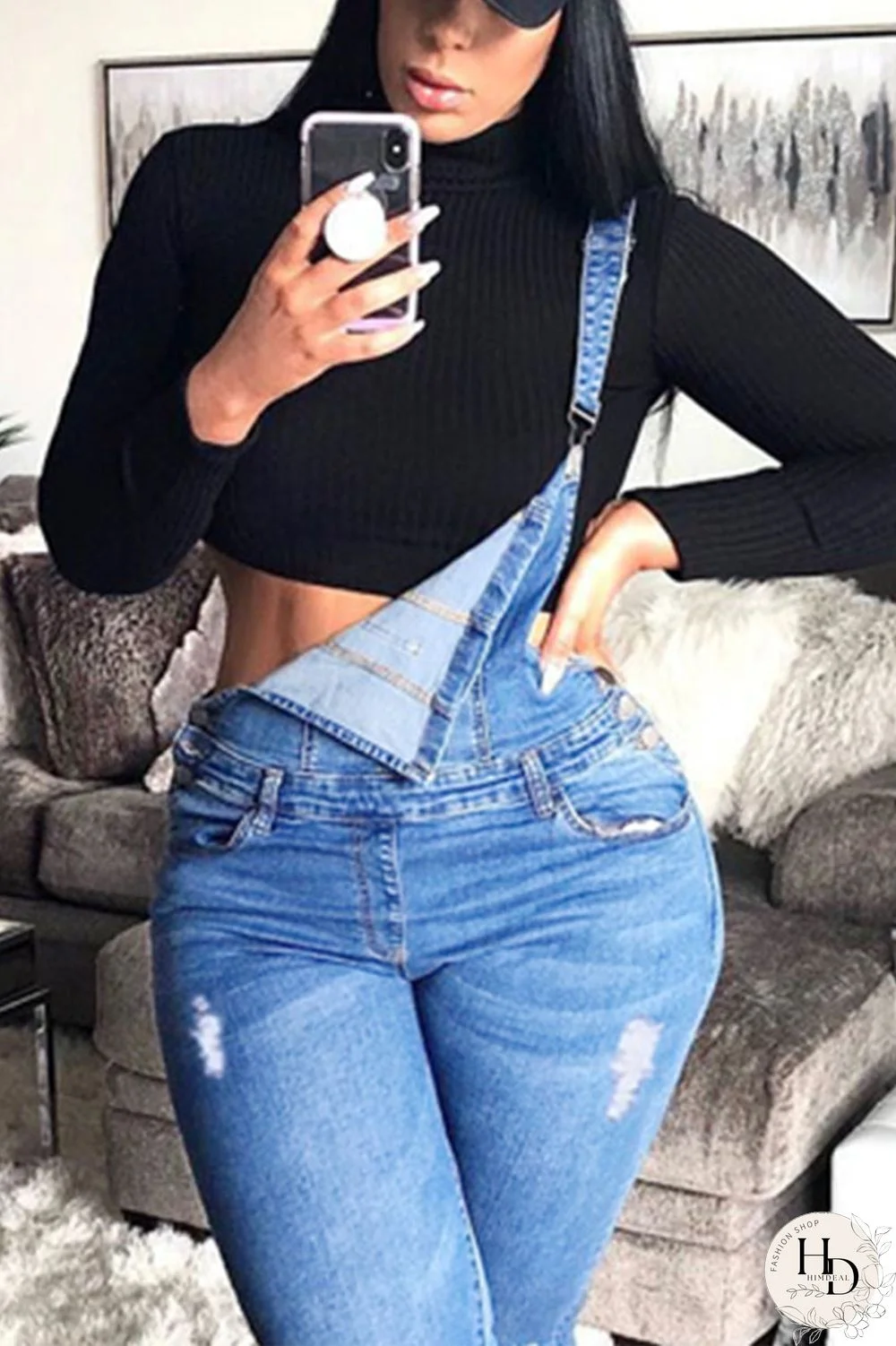 Baby Blue Celebrities Solid Ripped Make Old Buttons High Waist Regular Denim