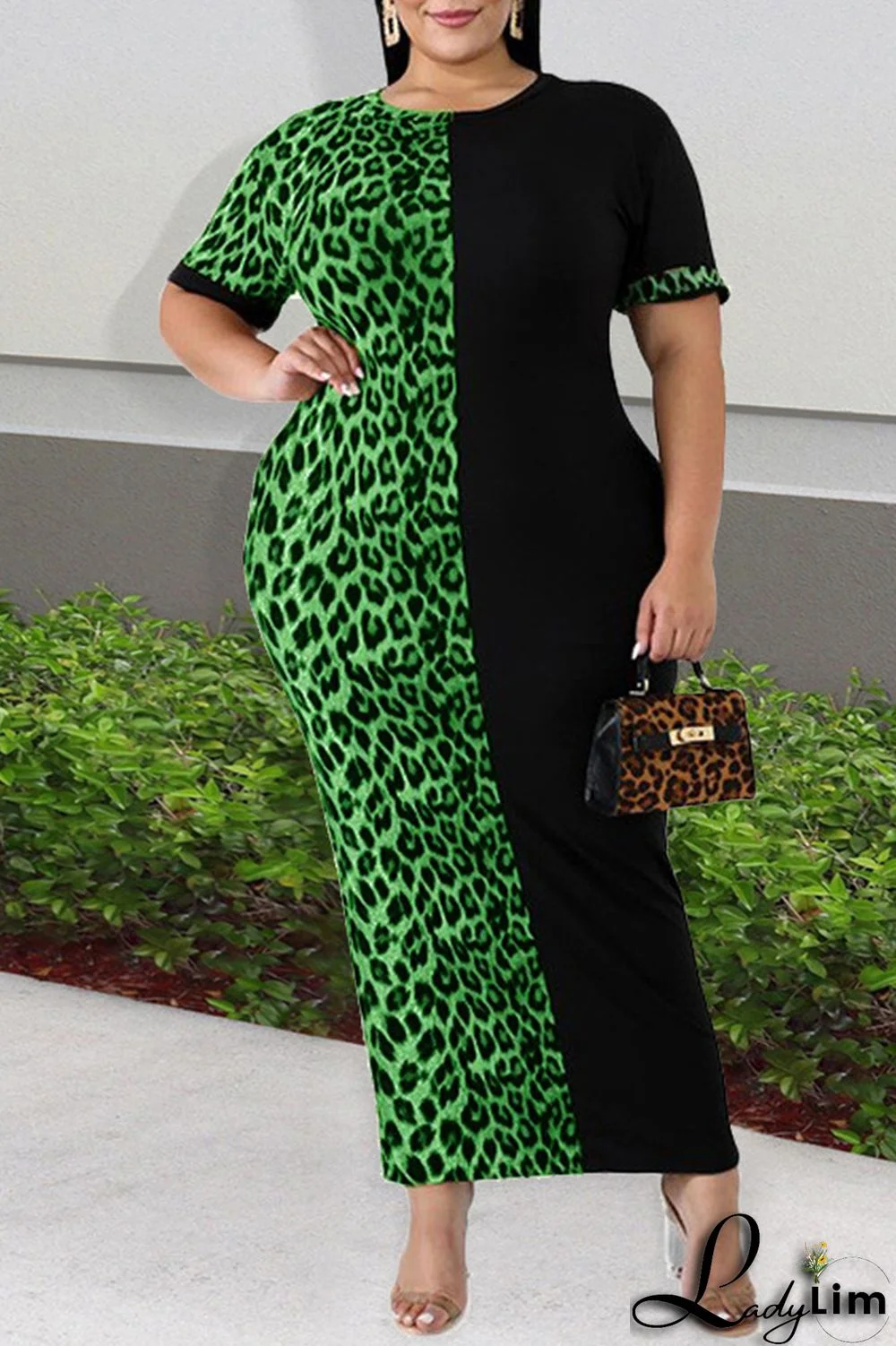 Green Fashion Casual Plus Size Print Leopard Patchwork O Neck Short Sleeve Dress