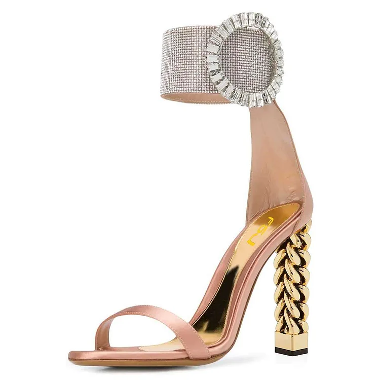 Pink Metal Lace Chunky Heel Sandals by FSJ |FSJ Shoes