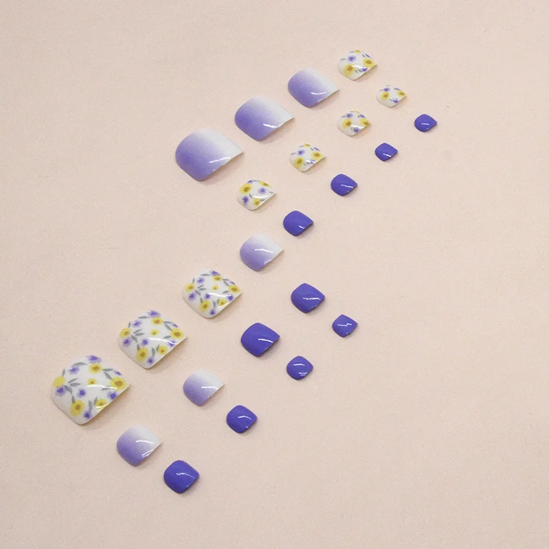 Churchf Churchf Cool Feeling Blue Purple Yellow Flower Nail Gradually Fairy Foot Wear Nail 24 Pieces