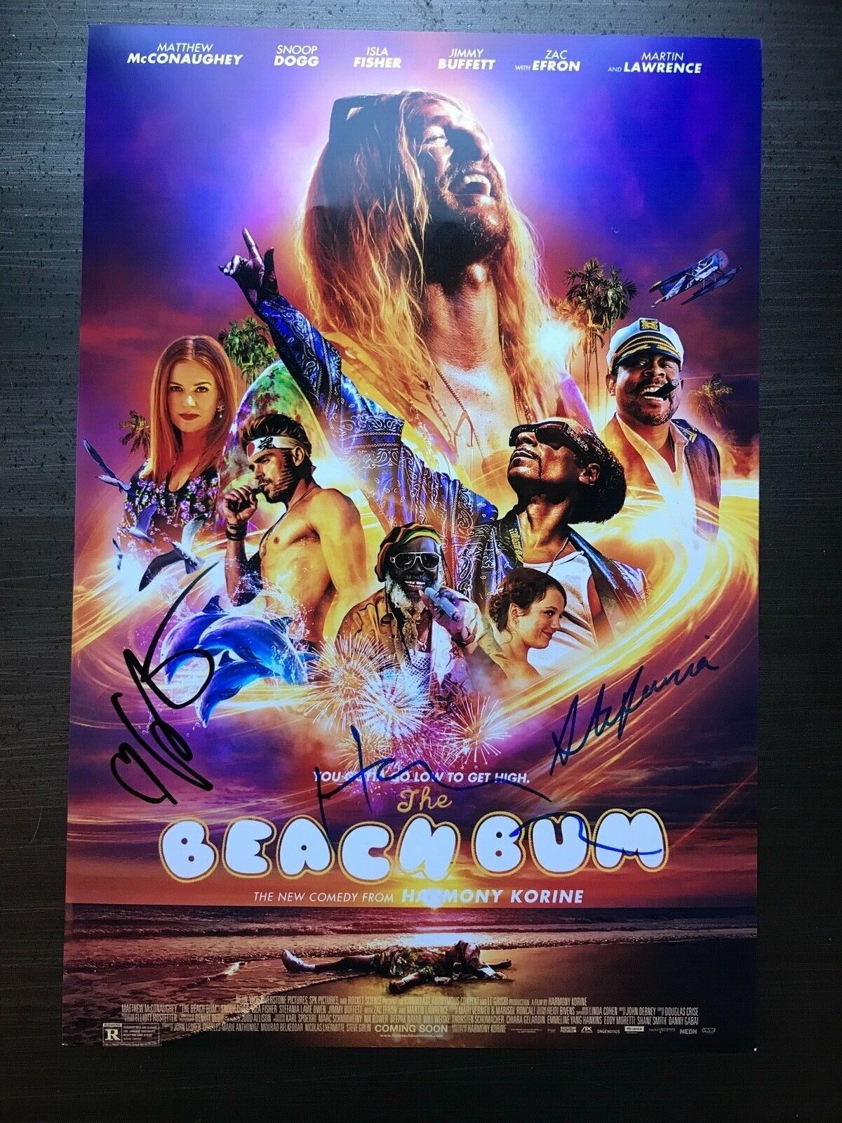 * THE BEACH BUM * signed 12x18 poster * ISLA FISHER, HARMONY KORINE & OWEN * 1