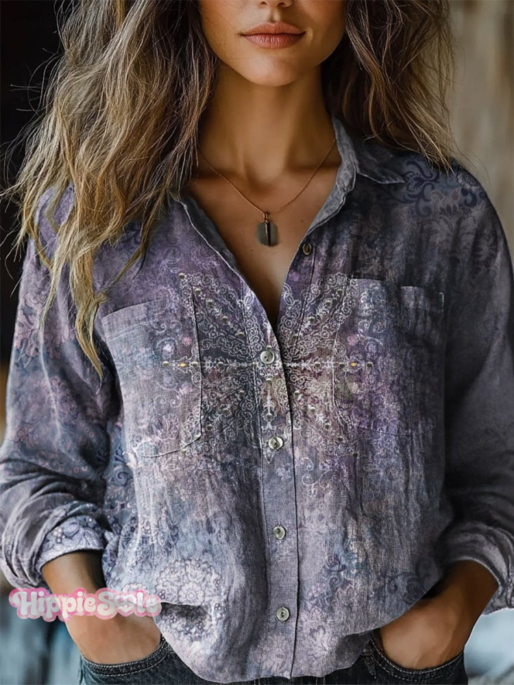 Women’s Retro Ethnic Totem Pattern Print Casual Long Sleeve Comfortable Cotton Shirt Multicolor / S