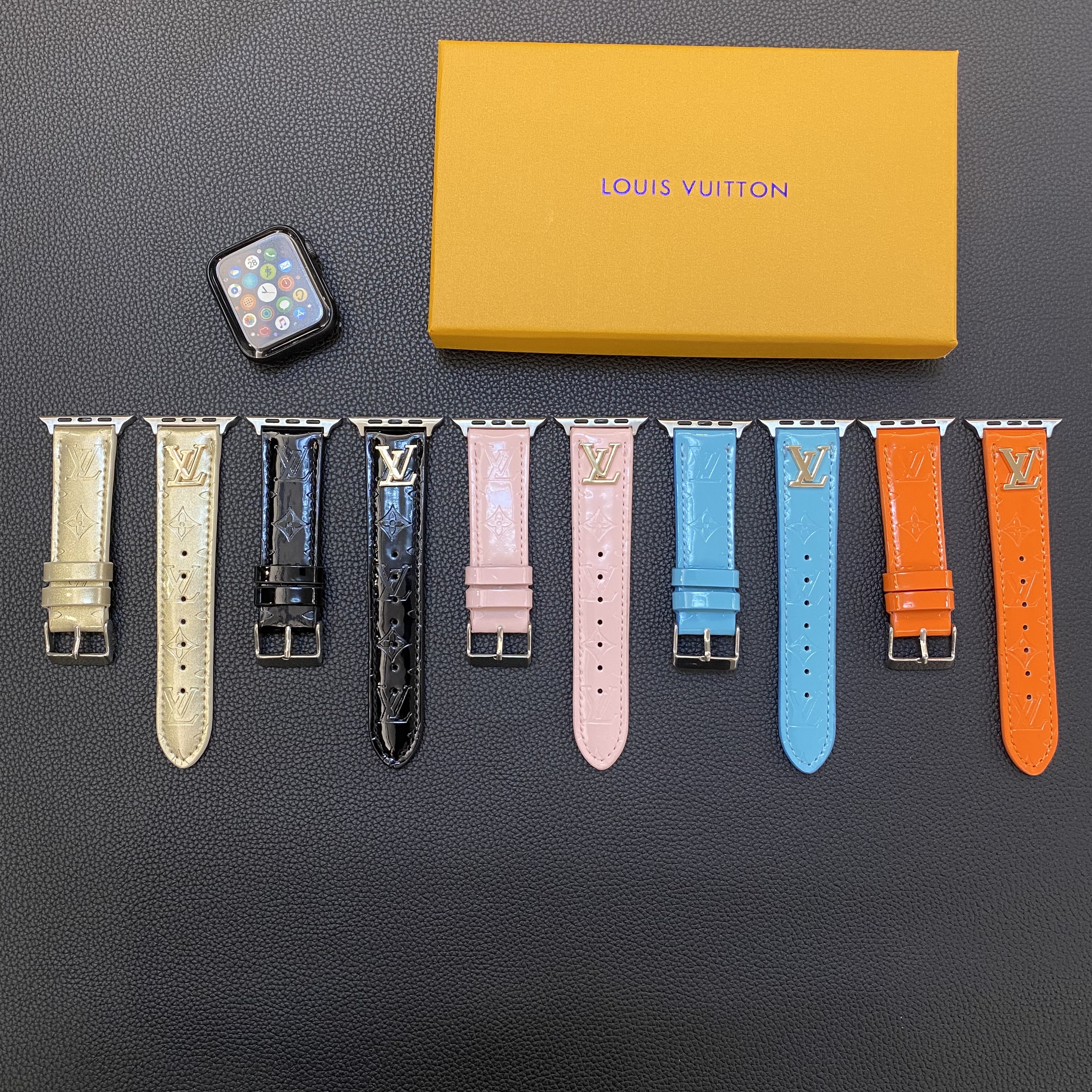 LV Glossy Leather Apple Watch Strap Luxury Metal Logo
