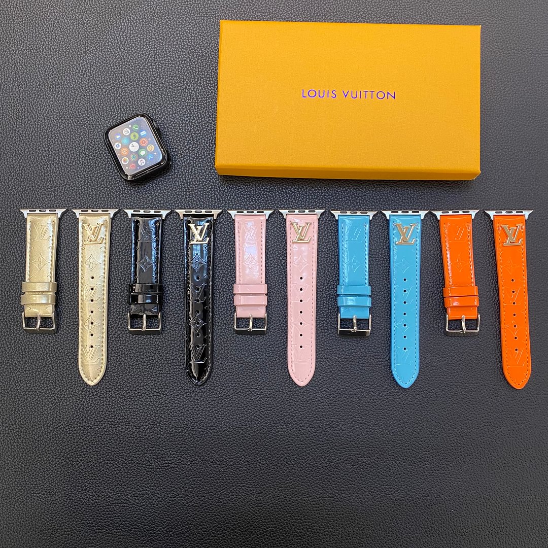 LV Glossy Leather Apple Watch Strap Luxury Metal Logo