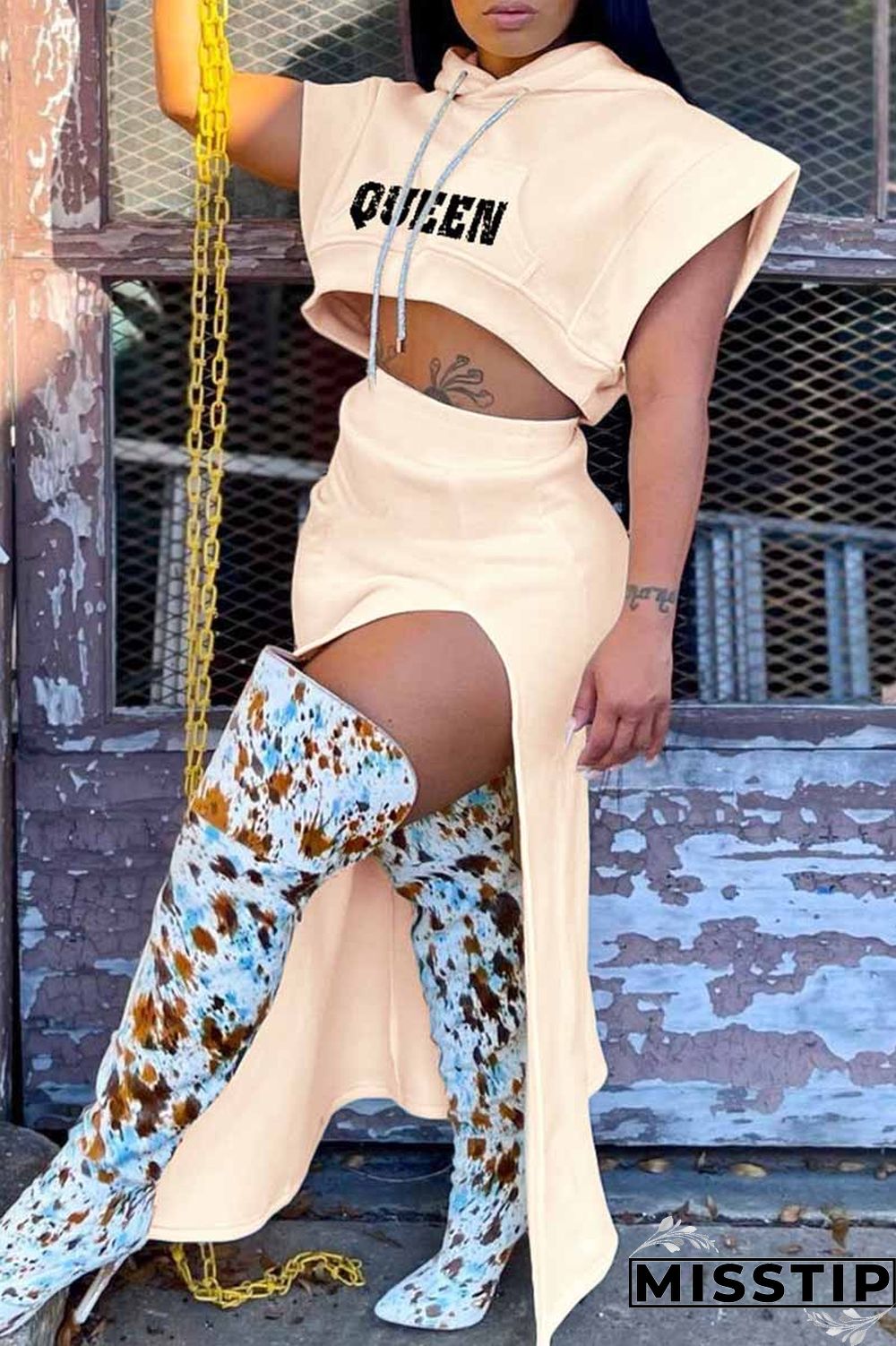 Black Fashion Casual Letter Print Slit Hooded Collar Two Pieces