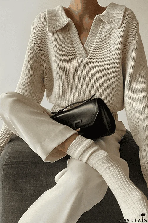 V Turndown Collar Sweater