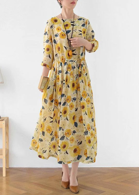 Italian Yellow Print Ramie Tie Waist Ankle Dress Fall