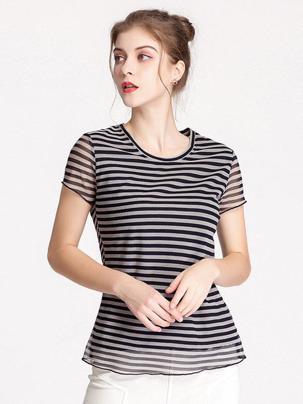 Silk T-shirt Stripe Short Sleeve Slim Top REAL SILK LIFE