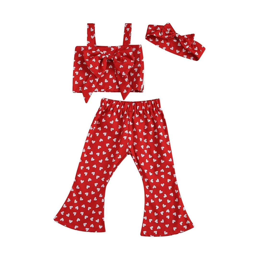 3Pcs Baby Valentine Summer Outfits, Heart Printed Bowknot Sleeveless Vest + Bell-Bottom Pants + Hairband for Toddlers, Girls