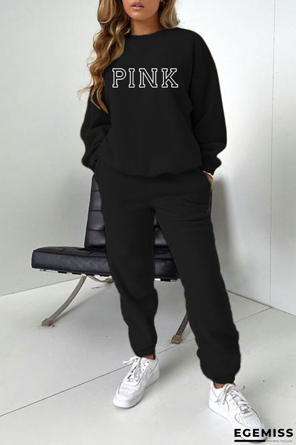 Black Casual Print Patchwork O Neck Long Sleeve Two Pieces | EGEMISS