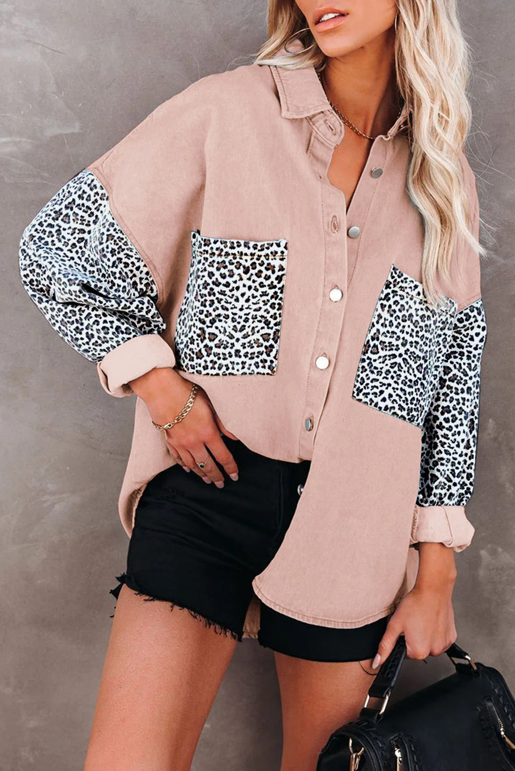Pink Contrast Leopard Denim Jacket | IFYHOME