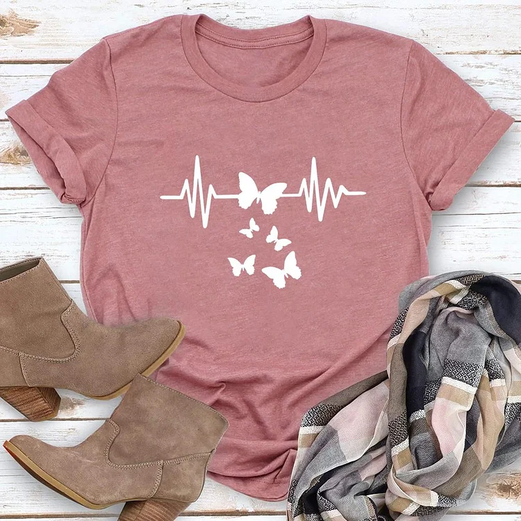 Heartbeat Butterfly Round Neck T-shirt