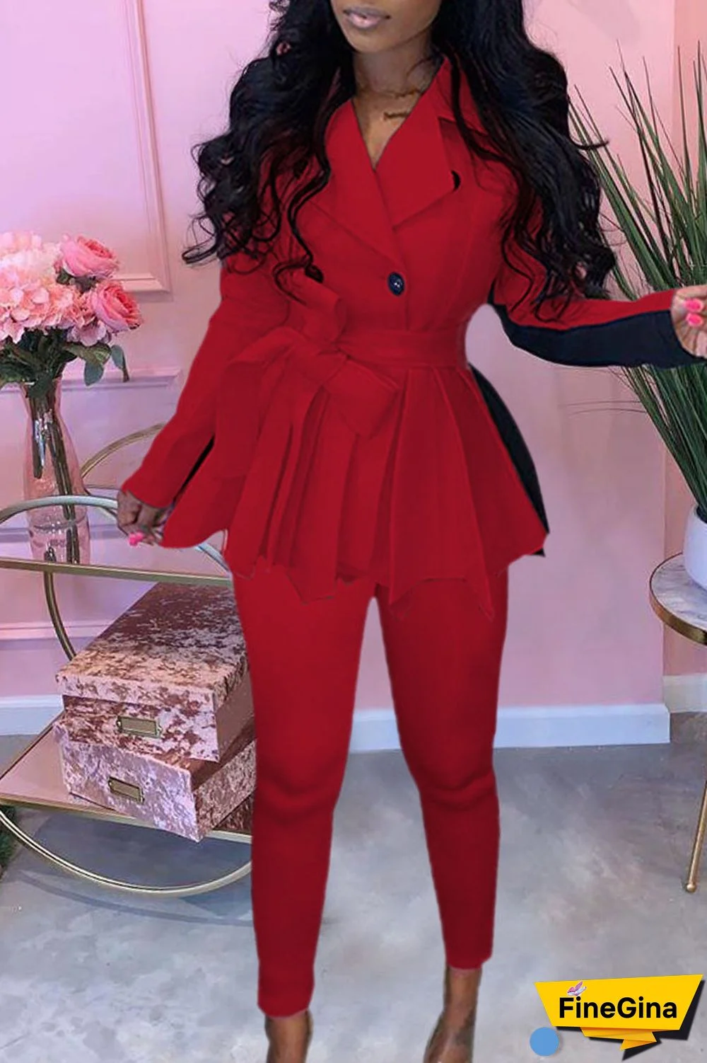 Red Casual Solid Patchwork With Belt Turn-back Collar Long Sleeve Two Pieces