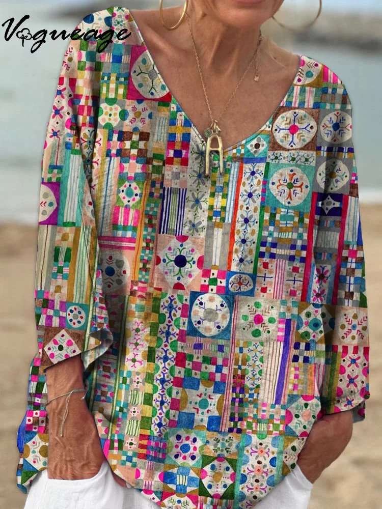 Retro Painted Creative Pattern 3/4 Sleeves Printed Cotton And Linen Shirt